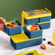 Dvojposchodový lunchbox 1400ml nádoba na jedlo s príborom - modrá