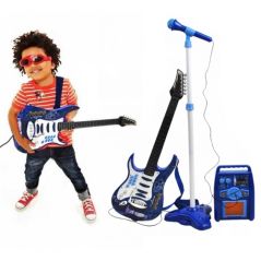 Detská rocková elektrická gitara na batérie + zosilňovač a mikrofón - Modrá Detská rocková elektrická gitara na batérie + zosilňovač a mikrofón - Modrá