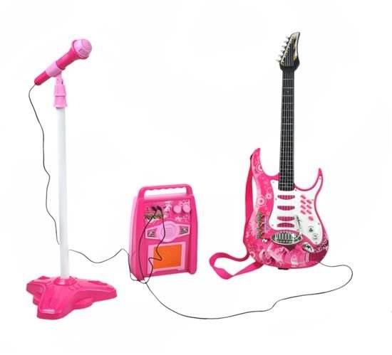 Detská rocková elektrická gitara na batérie + zosilňovač a mikrofón - Ružová Detská rocková elektrická gitara na batérie + zosilňovač a mikrofón - Ružová