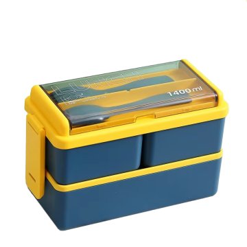 Dvojposchodový lunchbox 1400ml nádoba na jedlo s príborom - modrá